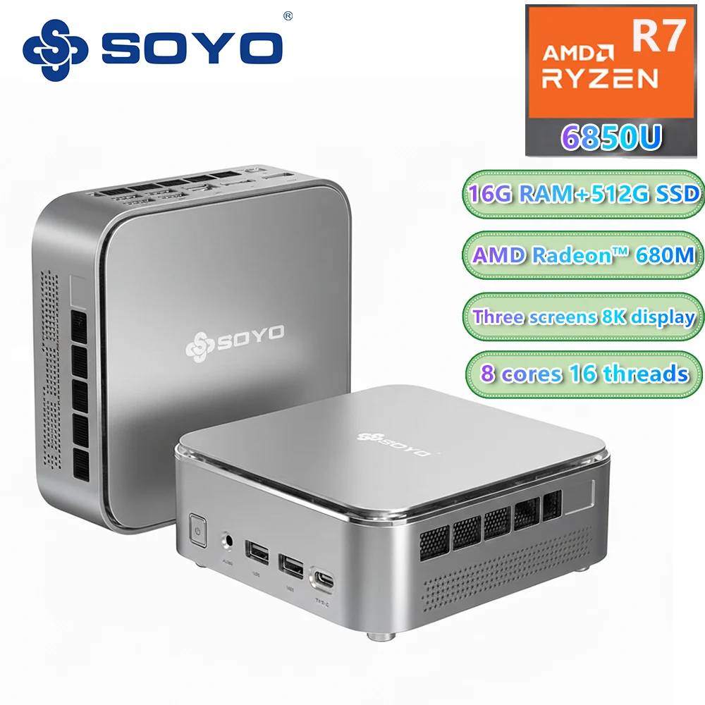 SOYO S4 Air Mini PC AMD R7-6850U 8C/16T NUCBOX 16GBDDR5 4800MHz 512GB NVME3.0SSD Windows 11 Pro AMD Radeon ™   Komputer Desktop 680M