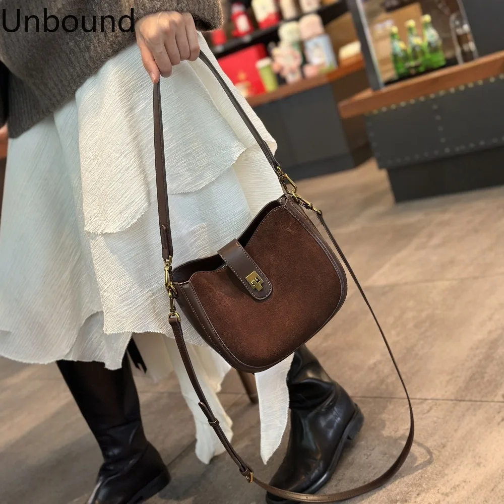 

New Vintage Suede Cowhide Saddle Bag Women Designer Crossbody Office Commuter Genuine Leather Luxury Chic Trendy Fashion Purse