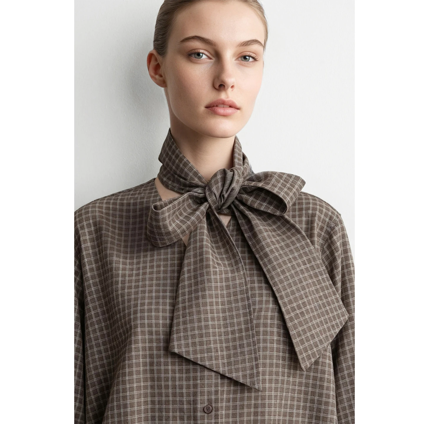 Amii 2026 Autumn New Shirts for Women Nomadic Style Tie Belt V Neck Tops Plaid Loose Long Sleeve Blouse Woman Clothing 12643045