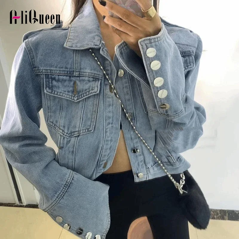 

Streetwear Women Blue Buttons Pockets Short Denim Jacket Korean Female Casual Vintage Designer Crop Jean Jackets Students Coats