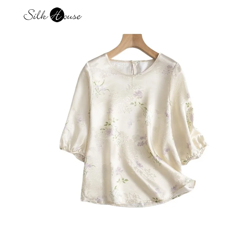 

19MM 100% Natural Mulberry Silk HuaLuo Peony Printed Lantern Half Sleeve Women's Casual Round Neck Versatile T-shirt