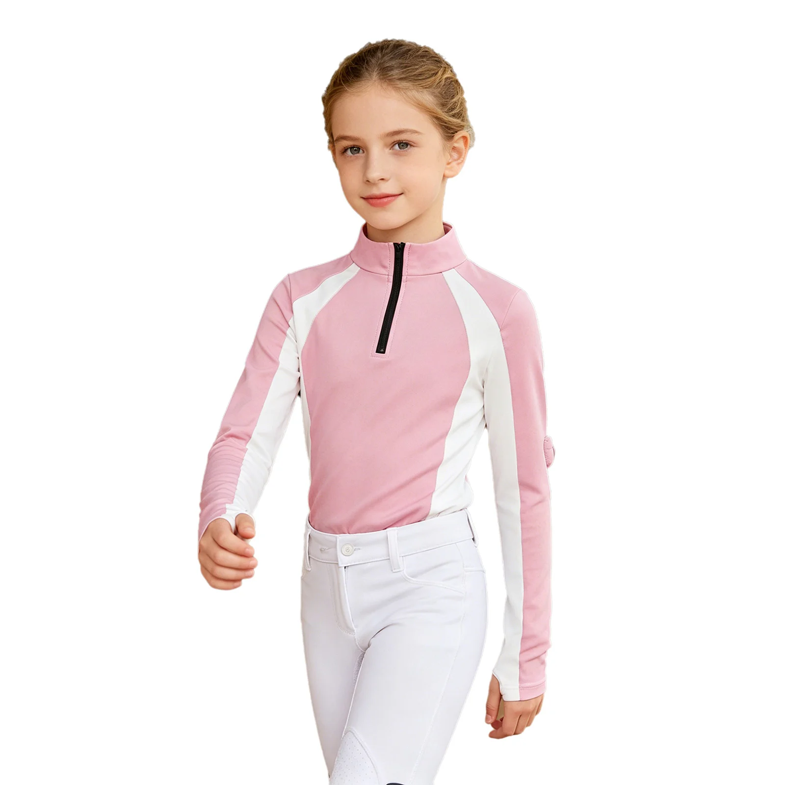 Kids Girls Horse Riding Jacket Quick Dry Long Sleeve Half Zip Color Block Equestrian Shirt with Thumbholes