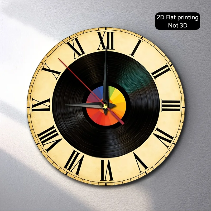 1pc, 2D Flat Wall Clock, Retro Vinyl Record Design with Roman Numerals And Colorful Center, Suitable for Living Room, Office, Cafe, Studio, Bar Decoration