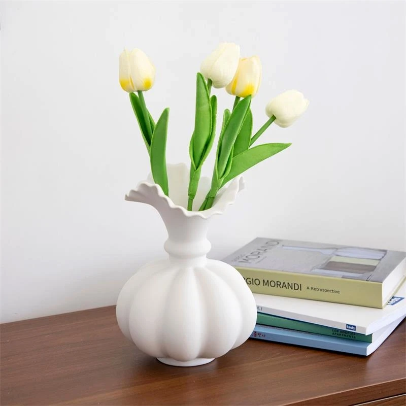 Pumpkin Model Ceramic Flower Vase Matte Glazed Porcelain Wave Mouth Home Furniture Ornament Decor Shelving Craft Furnishing