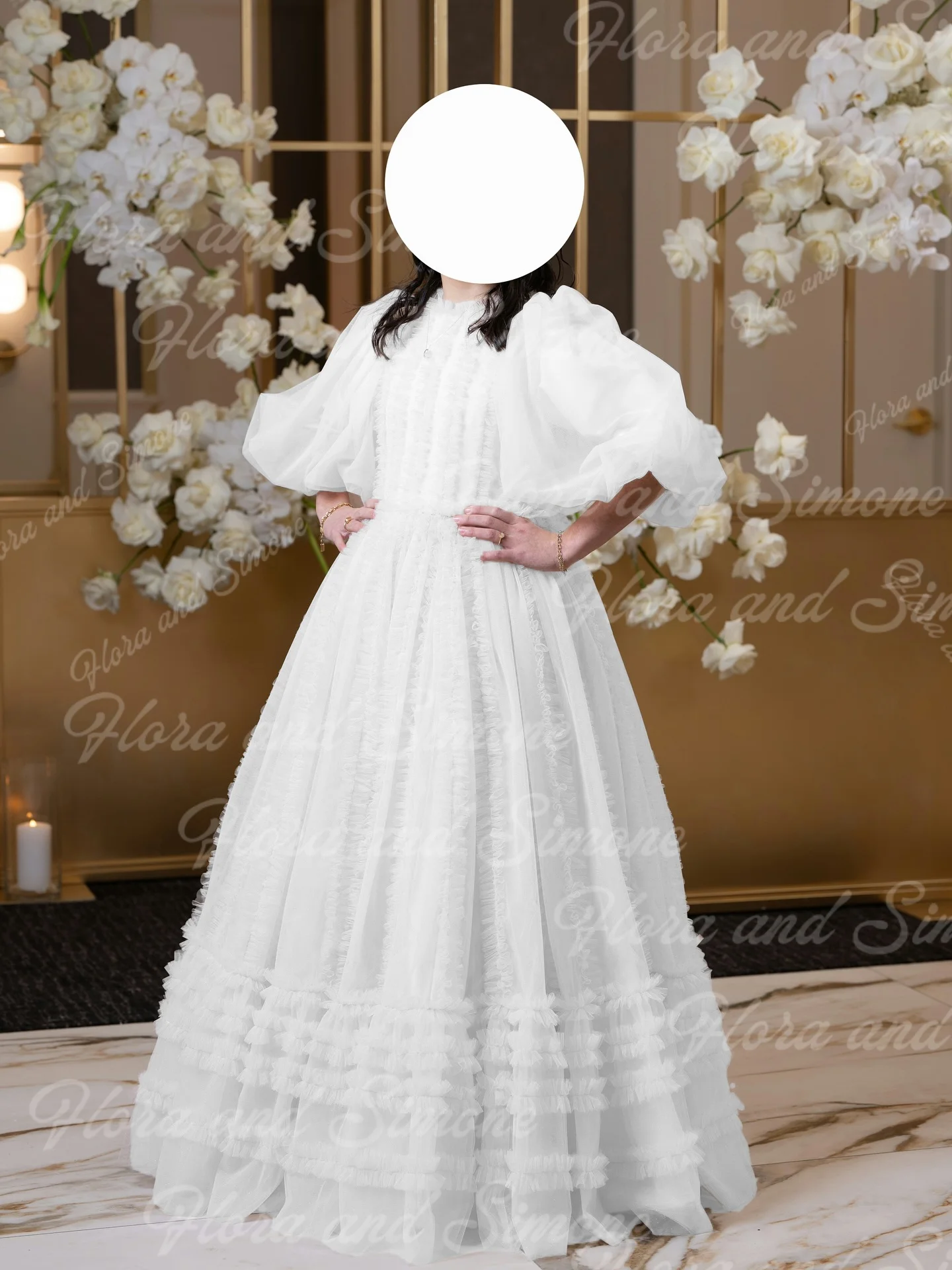 Пушистое элегантное сетчатое платье с короткими рукавами и высоким воротом для девочек-цветочниц, платья для первого причастия, подходящие для свадебных вечеринок