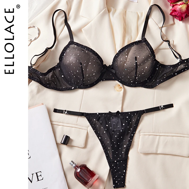 

Ellolace Elegant Sexy Female Lingerie Sparkling Dots See Through Mesh Sequin 2PC Set Star Romantic Bowknot Woman Underwear