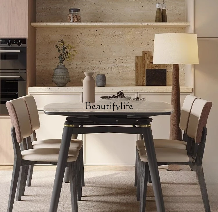 Solid wood dining table Modern simple light luxury retractable square and round dual-purpose rock slab dining table
