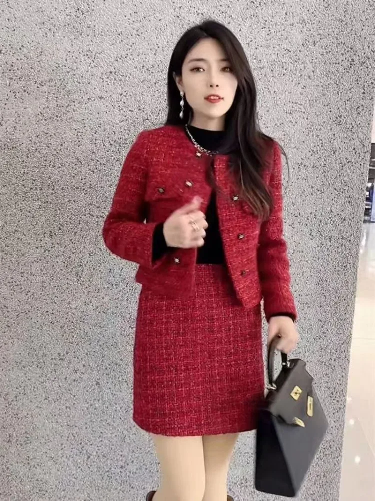 

Insozkdg Elegant Skirt Suits Temperament Lady New Year Red Coarse Tweed Jacket Short Skirt Two-Piece Suit Autumn Winter Women