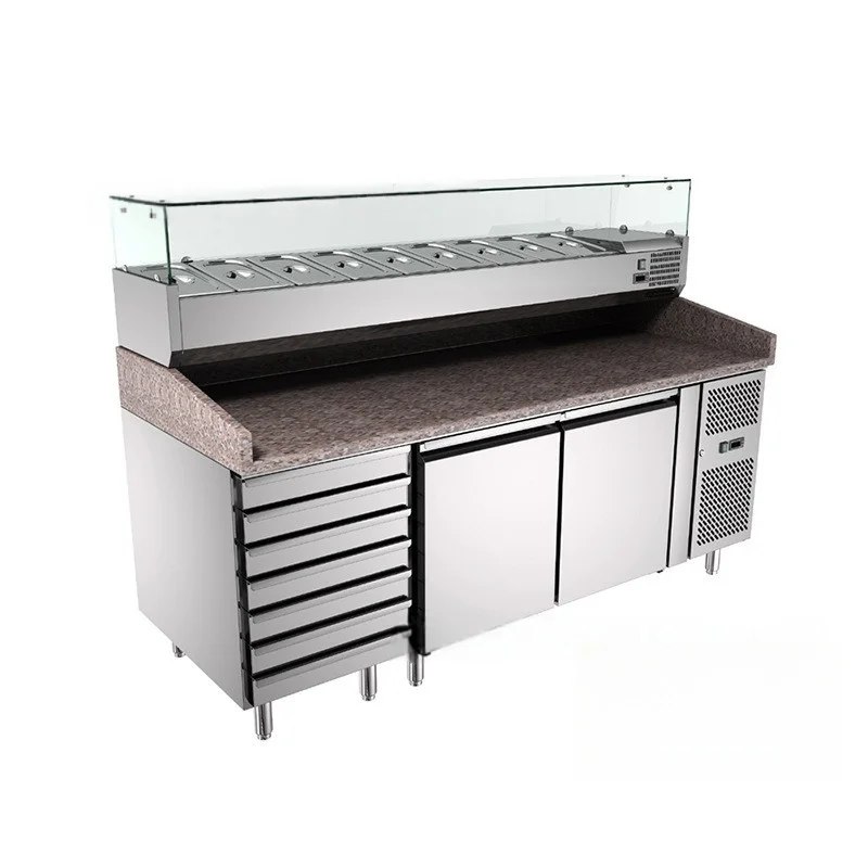 Restaurant Salad bar Counter Work Table Chiller Commercial Sandwich Prep Table Pizza Refrigerator with Granite Marble Top - view 4