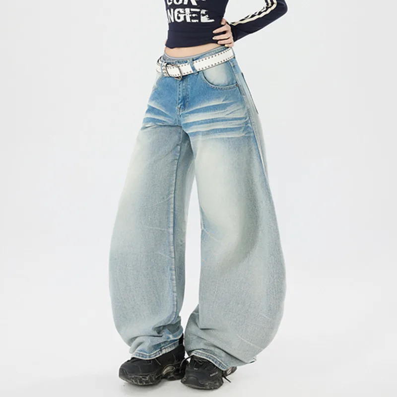 ANJY Autumn Winter New Women American Washed Bamboo Pattern Denim Pants Ins Trendy Loose Straight Versatile Vintage Jeans A11694
