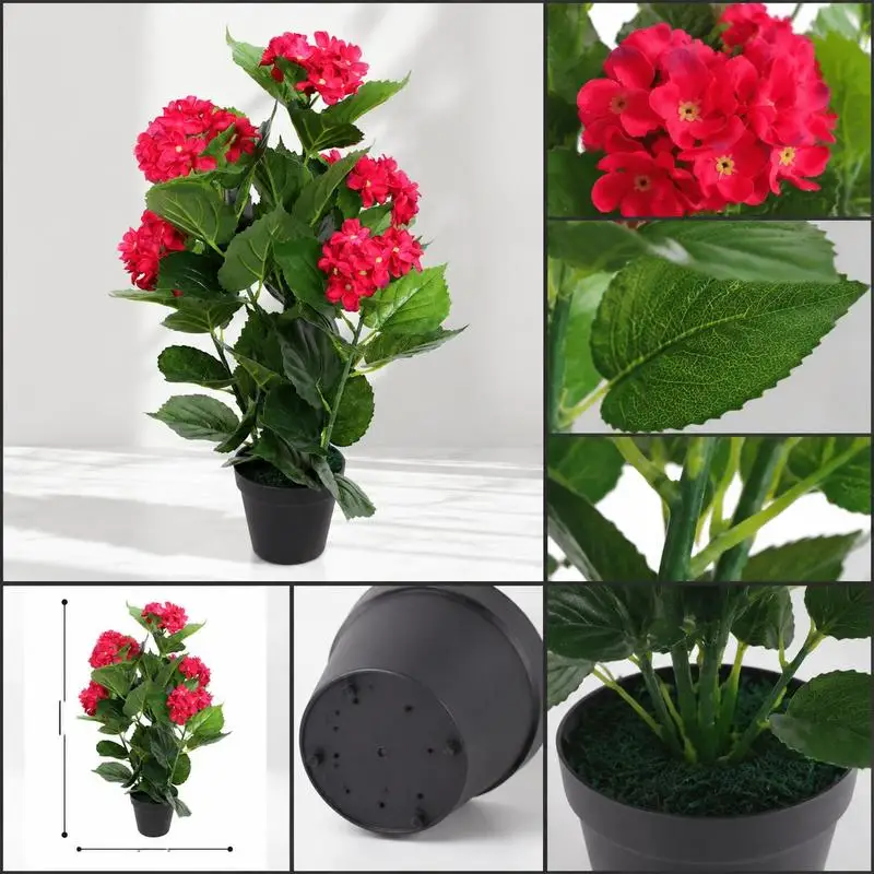 Plante d'hortensia artificielle en pot, 60 cm de hauteur, verdure artificielle avec pot, fleurs décoratives durables pour balcon, patio, bureau et décoration intérieure.