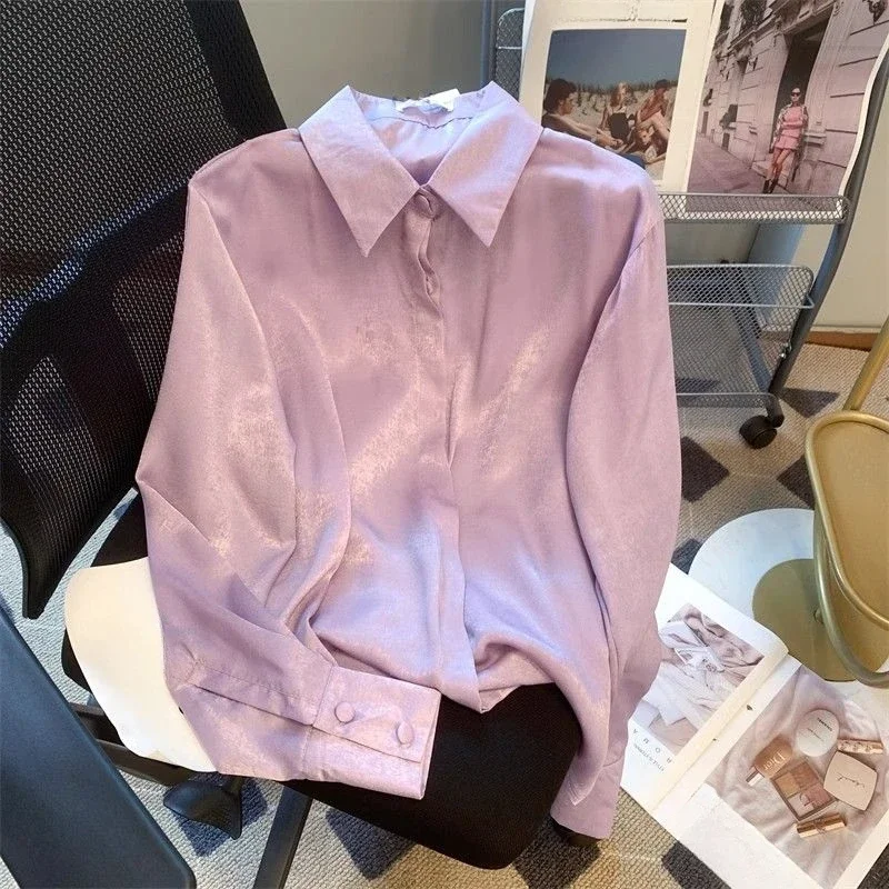 DAYIFUN French Purple Bubble Sleeved Shirts for Women Single Breasted Lapel Female's Blouses Sweet Chic Spring Women's Tops