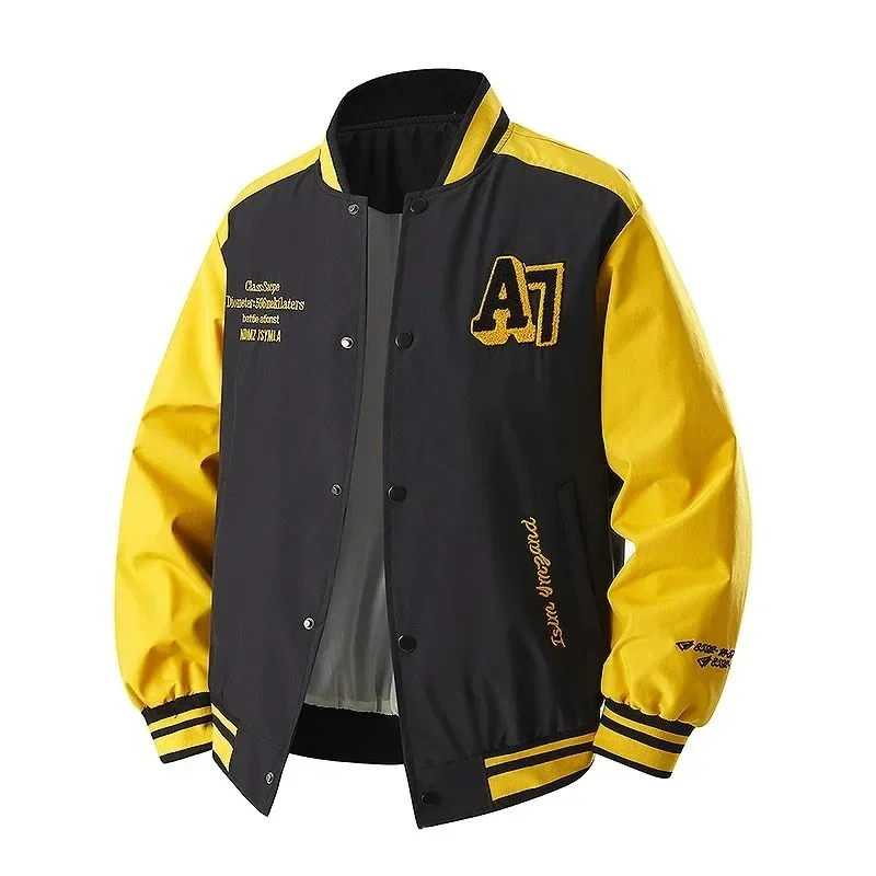 Yellow Color Block Baseball Jerseys Jacket Men American Retro Stand Collar Patchwork Outerwear Men's Jackets Autumn Uniform Coat