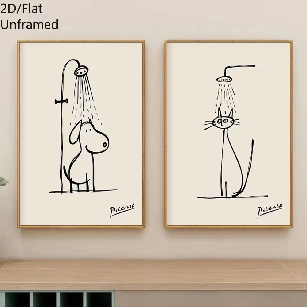 2pcs/set Funny Cat Dog Bathing Canvas Print Poster Modern Minimalism Animal Art Prints Wash Room Bathroom Wall Art Home Decor