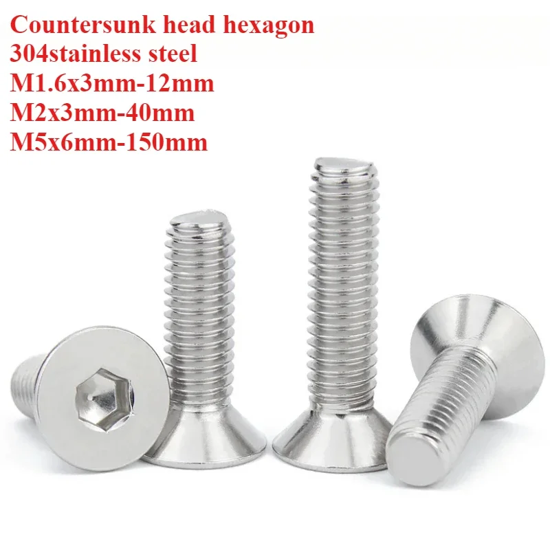 Vis M1.6 M2 M5x12 Nutrunner Fhcs  Bhcs 4mm Screw 12mm Flat Head Hex Inox Stainless Steel 304 3mm Countersunk Hexagon Socket Flat