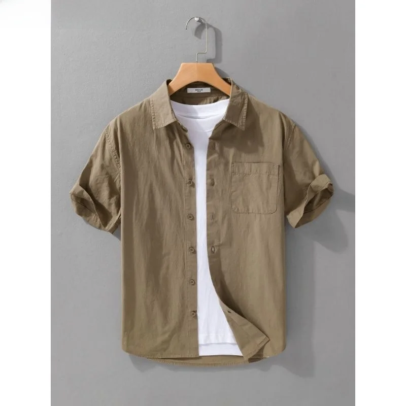 Csa Casual Masculina de Aodão para o Verão, Leve, de Manga Curta, Casual de Negócios, Versátil, Ajuste Solto, Moda Mascu...