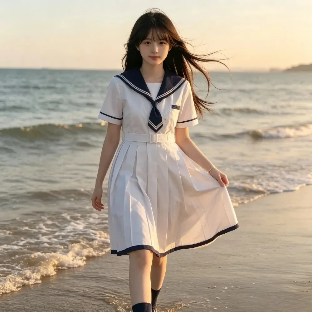 Mid-Long A-Line Pleated School Uniform, Slim Japanese JK Sailor Dress for Women, Ideal for Campus Daily Wear & Anime Cosplay