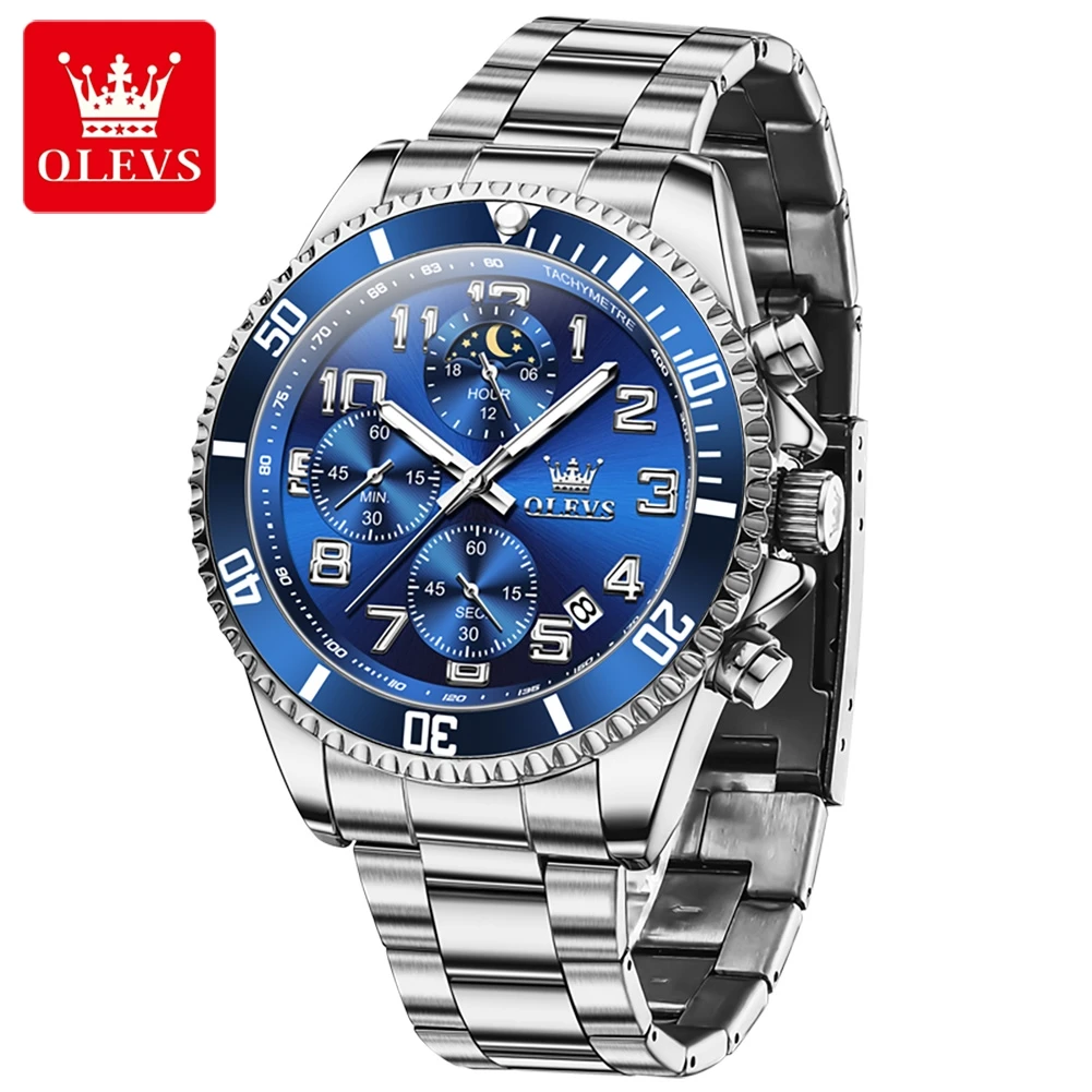 OLEVS 2024 New Man Watch Luxury Original Quartz Watch for Men Green Water Ghost Series Moon Phase Chronograph Waterproof Watches