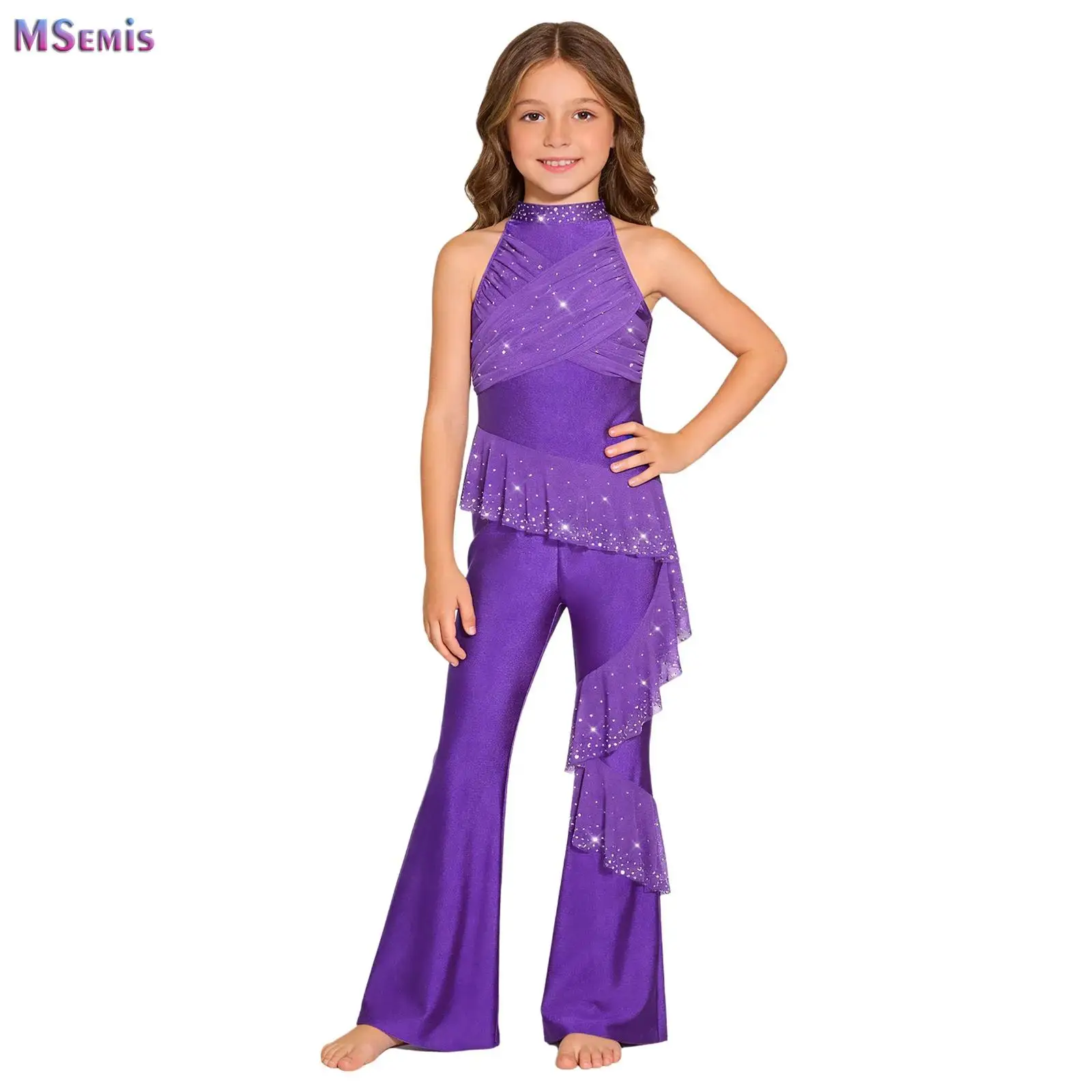 

Lyrical Dance Jumpsuit for Kids Girls Ruched Mesh Ruffles Long Pant Bell-Bottom Unitards Contemporary Dance Costumes Stage Wear