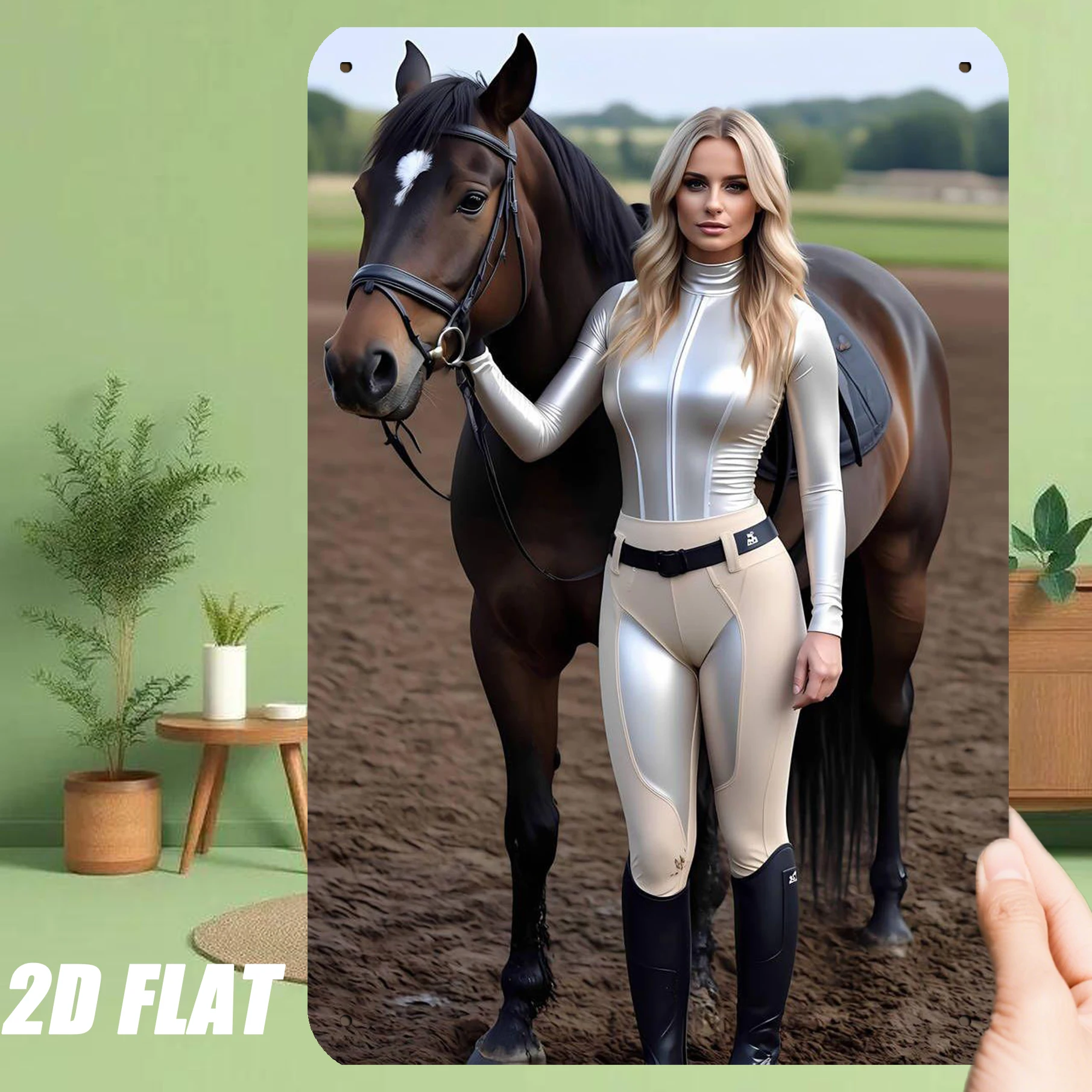 High Definition Tin Painting Blonde Equestrian in Silver Riding Outfit with Brown Horse Metal Sign Wall Art Decor