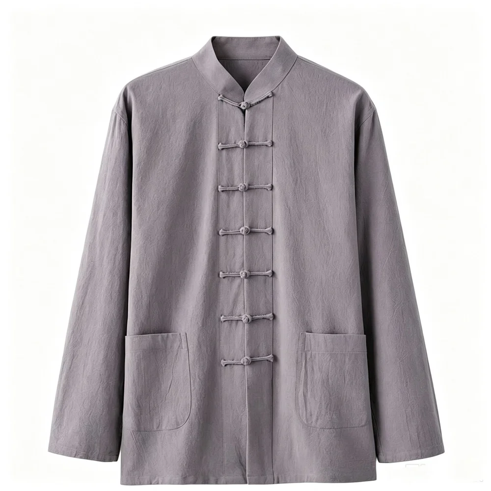 2026 Plus Size Men Chinese Traditional Tang Suit Long Sleeve Cotton Linen Frog Button Mandarin Collar Kung Fu Shirt 5XL