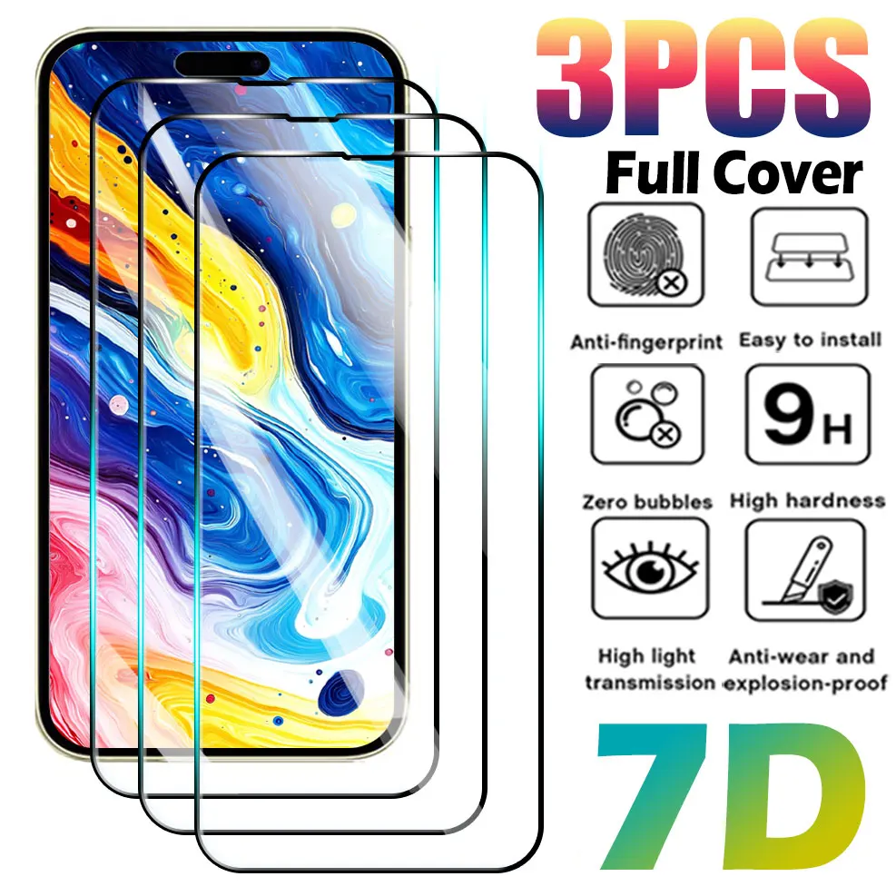 

3Pcs Tempered Glass For iPhone 16 15 14 13 12 11 Pro Max Screen Protector Film For iPhone 7 8 Plus X XS Max XR Protective Glass
