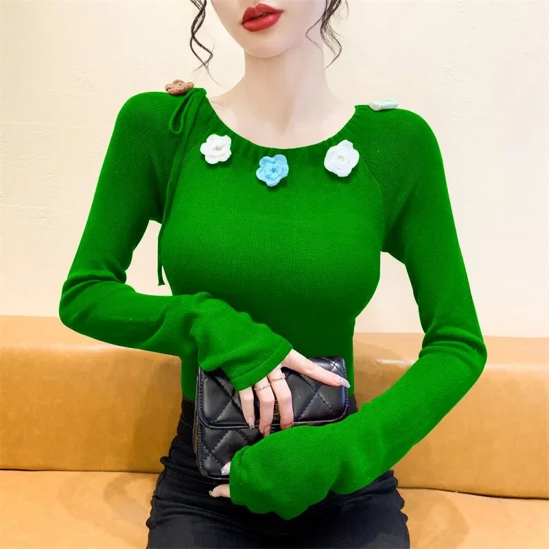 Rose Purple Round Neck Long Sleeve Sweater Top for Women's Autumn New Drawstring Flower Niche Slim Sweater