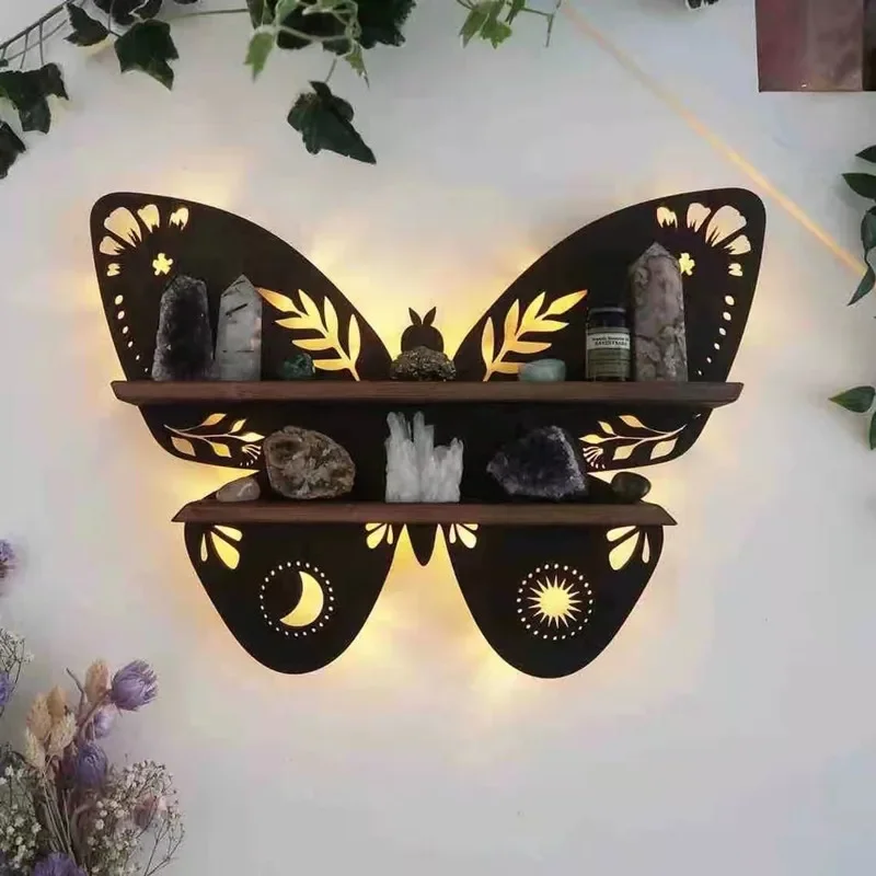 Wooden Butterfly Wall Shelf Simple Assembly Wall Mount Luminous Moon Design Decorative Hanging Crystal Shelf Organizer Bedroom