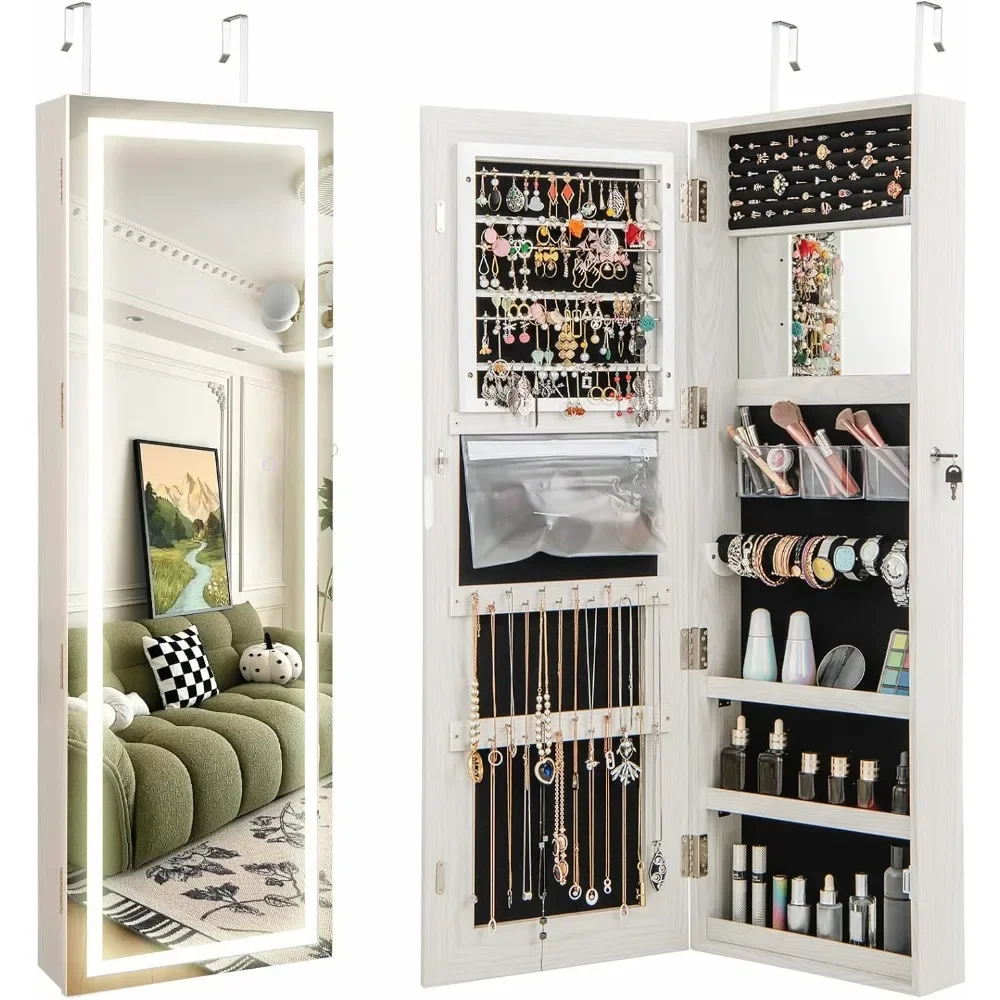 LED Mirror Jewelry Cabinet, Armoire with Adjustable Lighted Full Length Mirror, Wall Mounted or Door Hanging