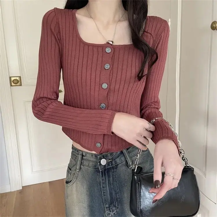 

Милый вязаный кардиган с квадратным вырезом и полоской, кардиганы с длинными рукавами, свитер, женский осенний топ с коротким низом, корейский