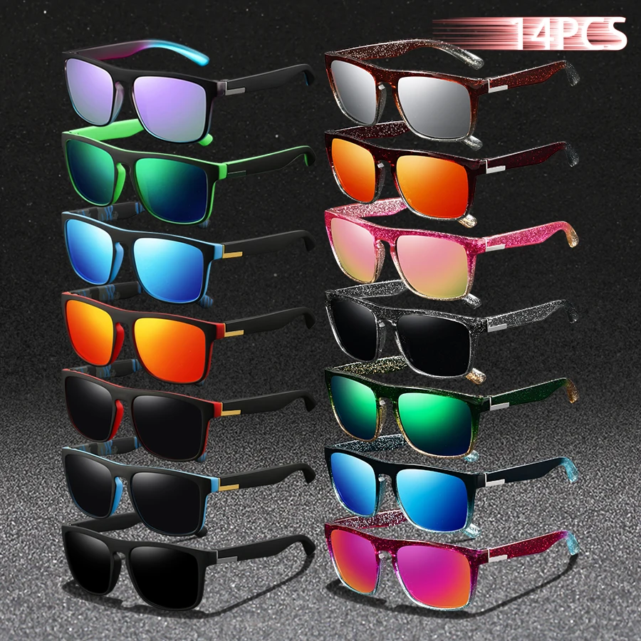 14PCS Classic Colorful Design Fashion Square Glittering Eyeglass Unisex Driving Fishing Tropical Beach Vacay Leisure Sun Glasses