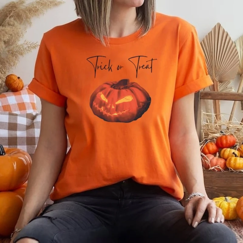 HORROR FRIENDS HALLOWEEN Shirts Funny Halloween Costume -pumpkin, Witch, Skull, Monster, Trick or Treat 3 Orange Colour Shirts