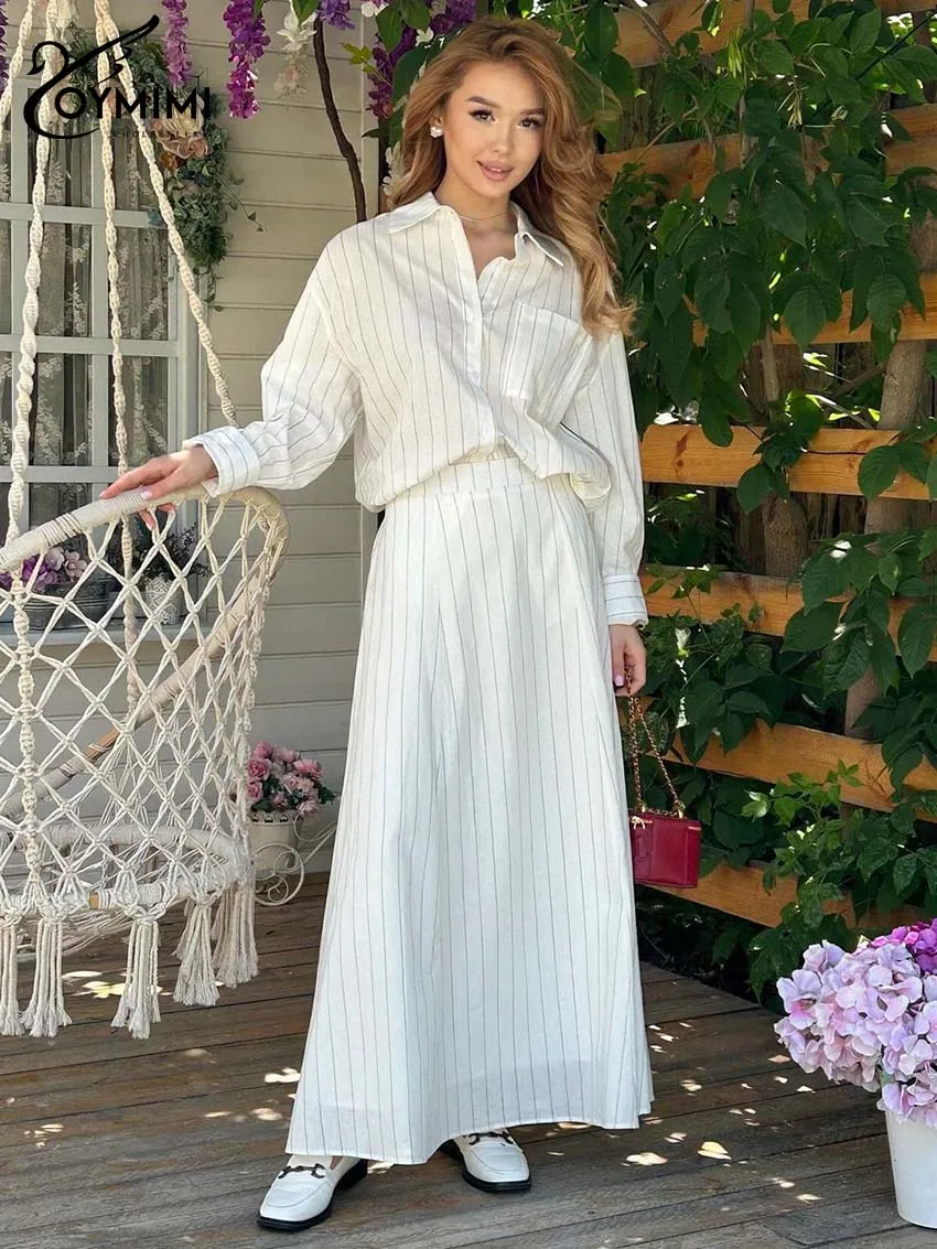 

Oymimi Casual White Print Two Piece Outfits Woman Elegant Long Sleeve Pockets Button Shirts + High Waist Ankle-Length Skirts Set