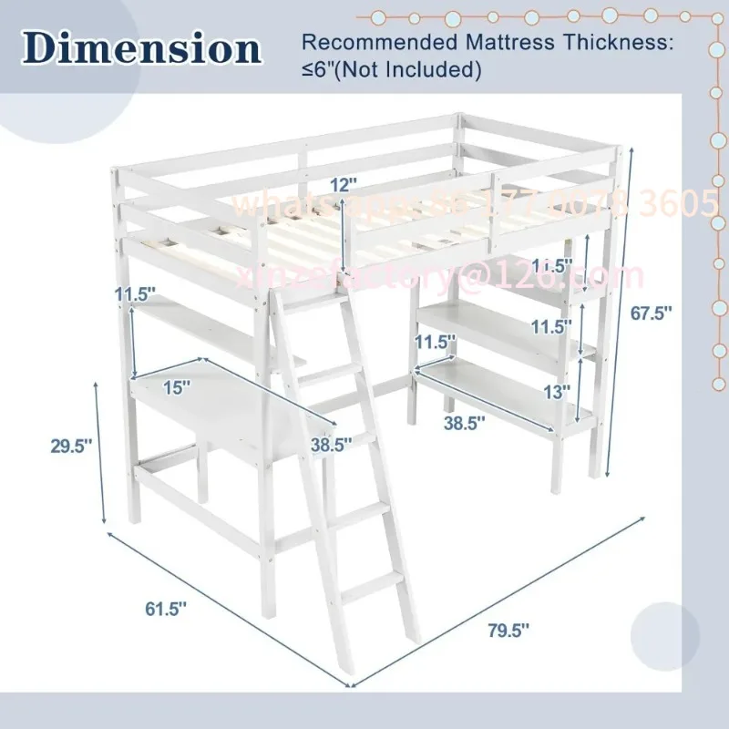 Customizable Twin Loft Bed with Desk & Storage Shelves, Wood Loft Bed Frame with Bookcase,Ladder,Guardrail,No Box Spring Needed
