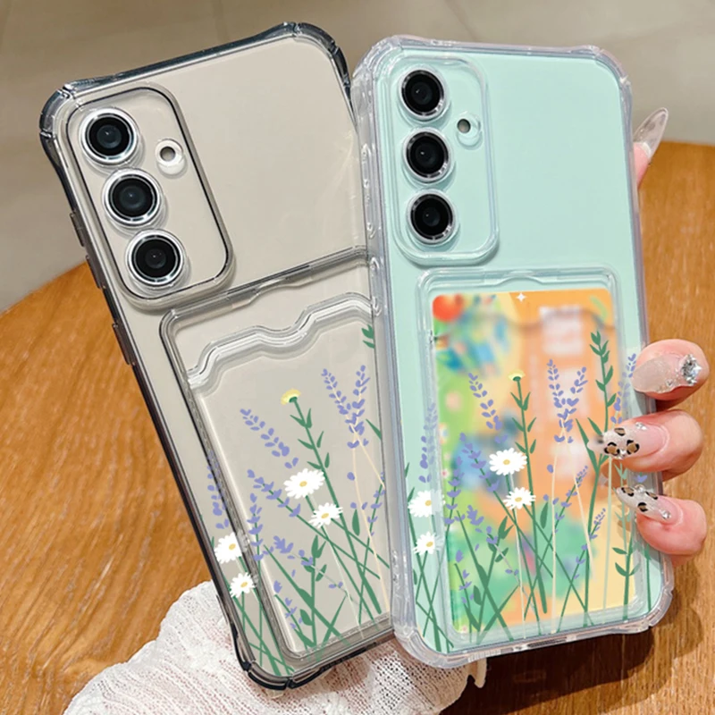 Flowers Case For Samsung Galaxy S23 S22 S24 Ultra S21 FE A55 A52 A54 A53 A34 A35 A05 A25 A14 A15 Card Slot Bag Clear Phone Cover