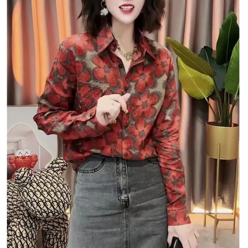 Camisa con estampado callejero para mujer, camisa adelgazante de manga larga con solapa, informal, edición coreana, temporada de primavera y otoño,