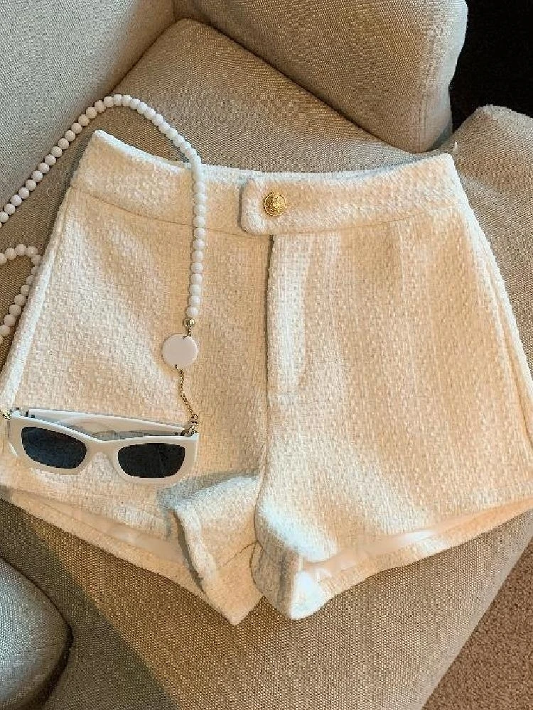 Tweed Shorts Women Korean High Waist Wide Leg Shorts Office Lady Elegant White Black Autumn Winter Casual All Match Short Pants