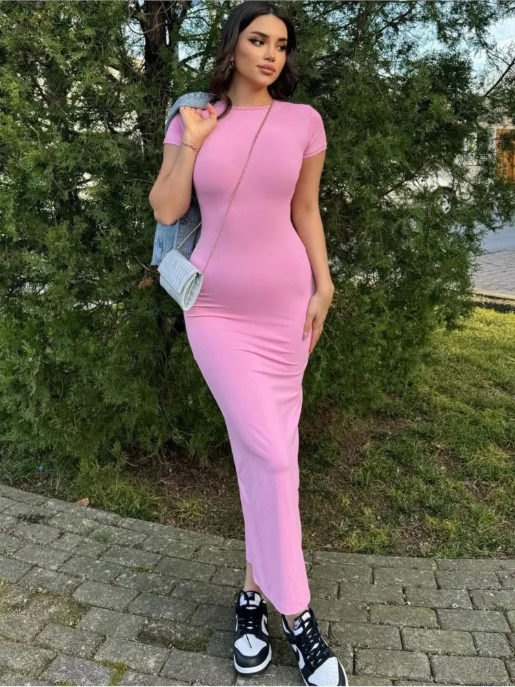 

Temperament Solid Color Slim Long Dresses Women Fashion Package Hip Bodycon Short Sleeves Maxi Dress Vestidos Female Streetwear