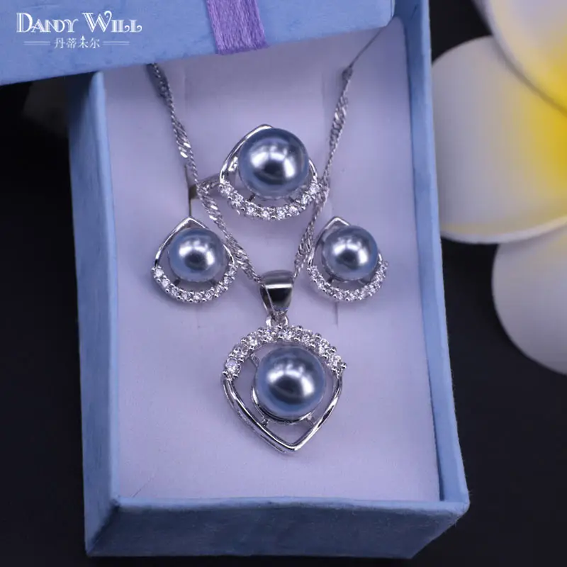 Promotion Gray Pearl White Zircon Silver 925 Costume Jewerly Stud Earrings Necklace Ring Set