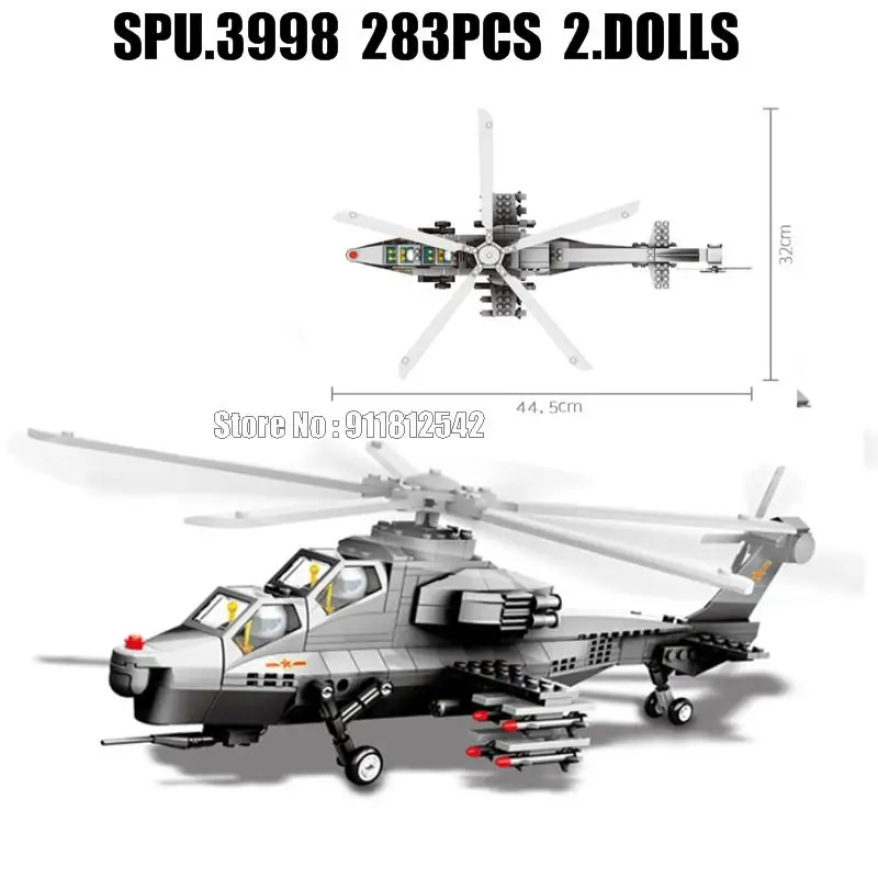 4002 283pcs Military Wz-10 Helicopter Gunship Aircraft Weapon Army Boy 1:38 Building Blocks 2 Dolls Toy