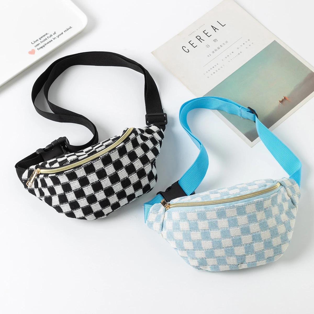 1PC Color-Block Checkerboard Pattern Makeup Bag, Portable Adjustable Shoulder Strap Daily Small Item and Cosmetic Storage Bag