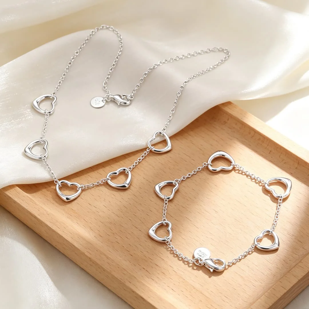 Original designer Jewelry set 925 Sterling Silver Nice LOVE five hearts Bracelet necklace for women Fashion Party wedding gifts
