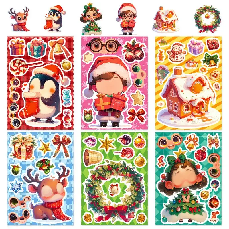 6pcs Christmas Eve Toy Puzzle Face Changing Stickers Repeat Penguin Elk Decorative Stickers