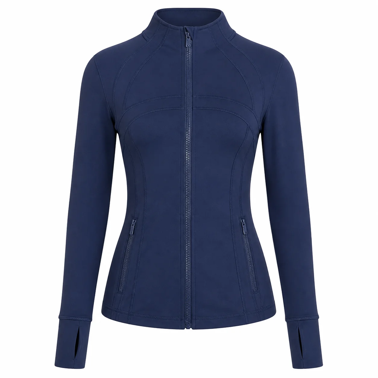 Women's Navy Blue Slim Fit Full Zip Sports Jacket Stand Collar Long Sleeve Running Yoga Workout Outerwear Style P030