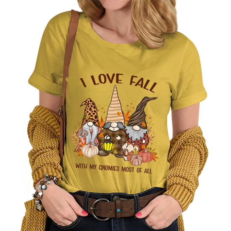 Autumn Tshirts I Love Fall with My Gnomies Most of All Print T Shirt Women Clothes Cartoon Gnomes Graphic Short Sleeve Tshirt