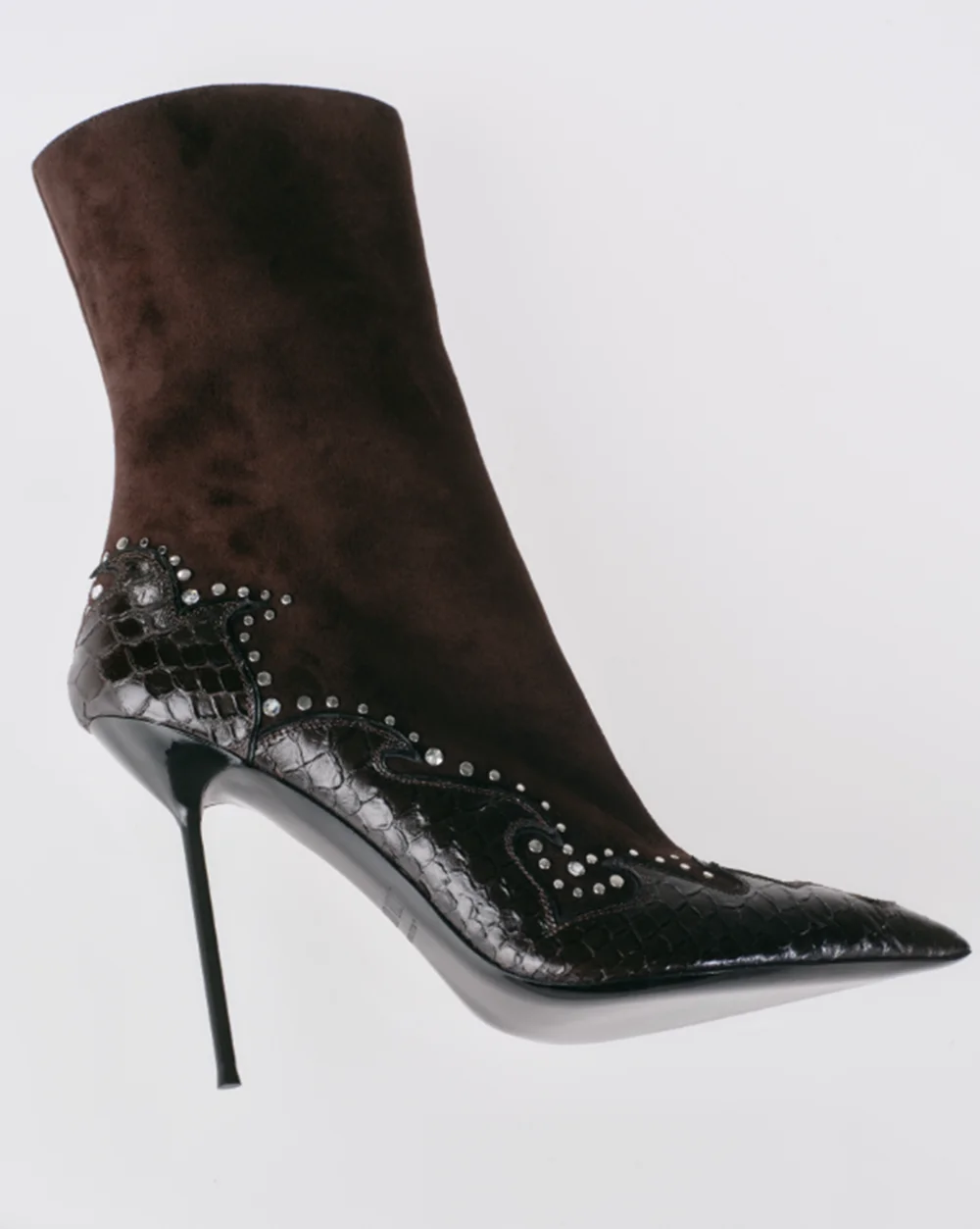 Fashion Dark Brown Suede Ankle Boots Snake Print Embossed Pointed Toe Stiletto High Heel Boots Rhinestone Studs Decor