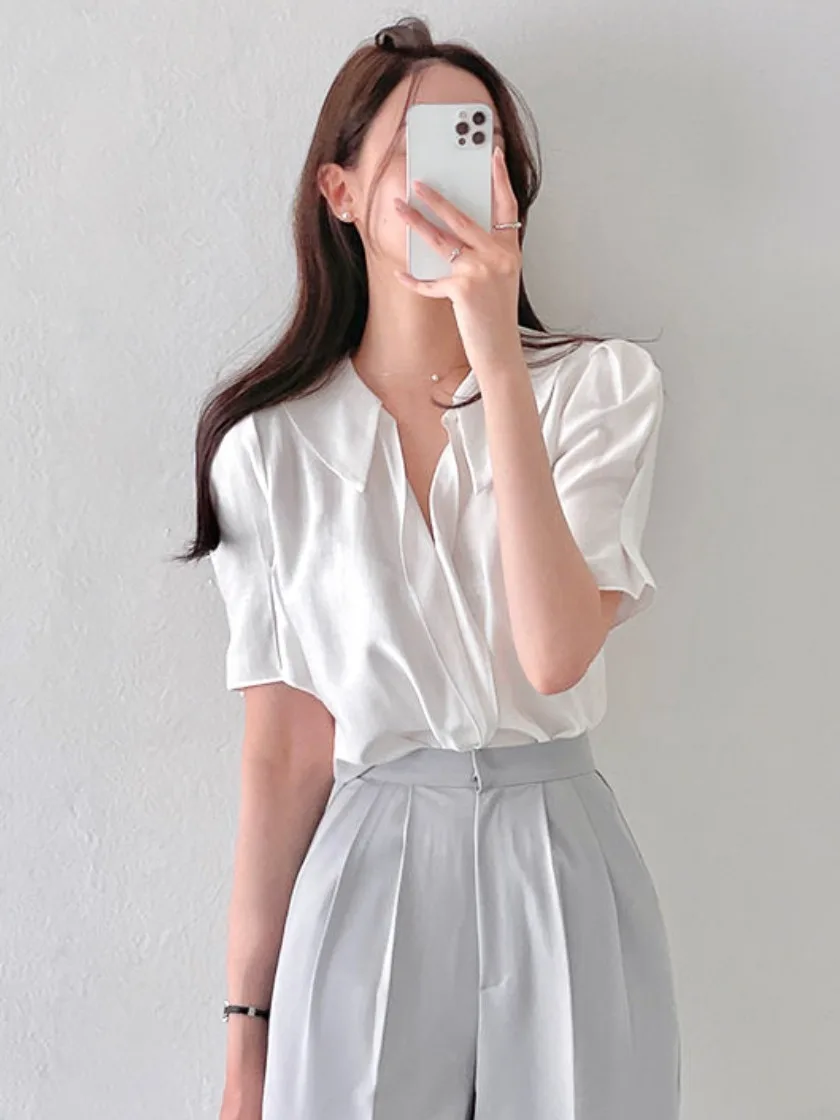 

Ele Summer ort Sve Satin Fini irt Women's Loose Fit Chic Small Collar Versatile Casual Wear for Various Ocns