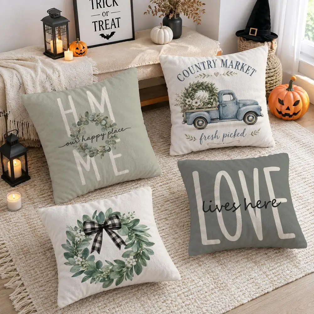 Wreath Truck Cushion Cover Soft Short Plush Double-Sided Printing Sofa Home Decor Festival Pillow Case Gifts