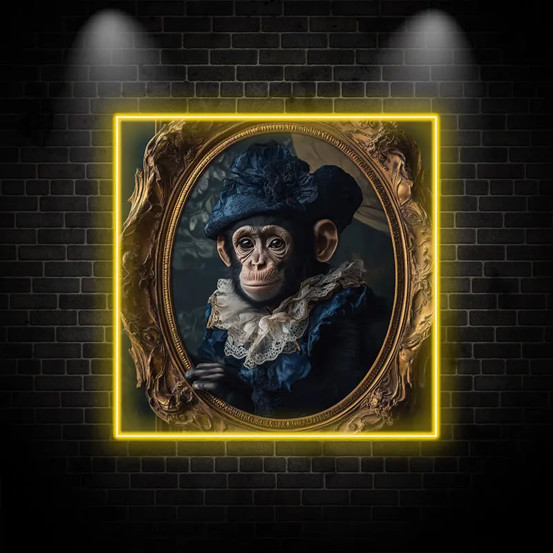 Toysign Custom Neon Sign, Victorian Style Neon Monkey Portrait - Elegant Frame & Costume, Vintage LED Art for Living Room Decor