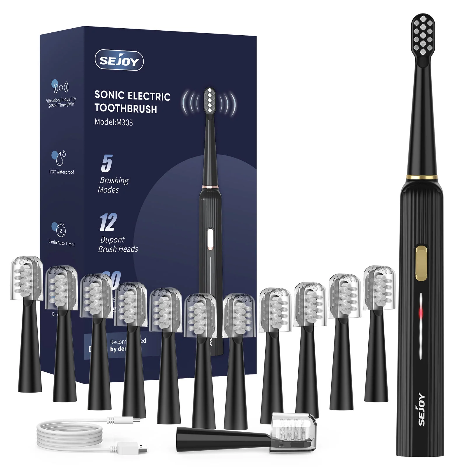 SEJOY Sonic Electric Toothbrush Rechargeable For Adult Rotating Toothbrush With 12 Brush Heads 5 Modes Timer